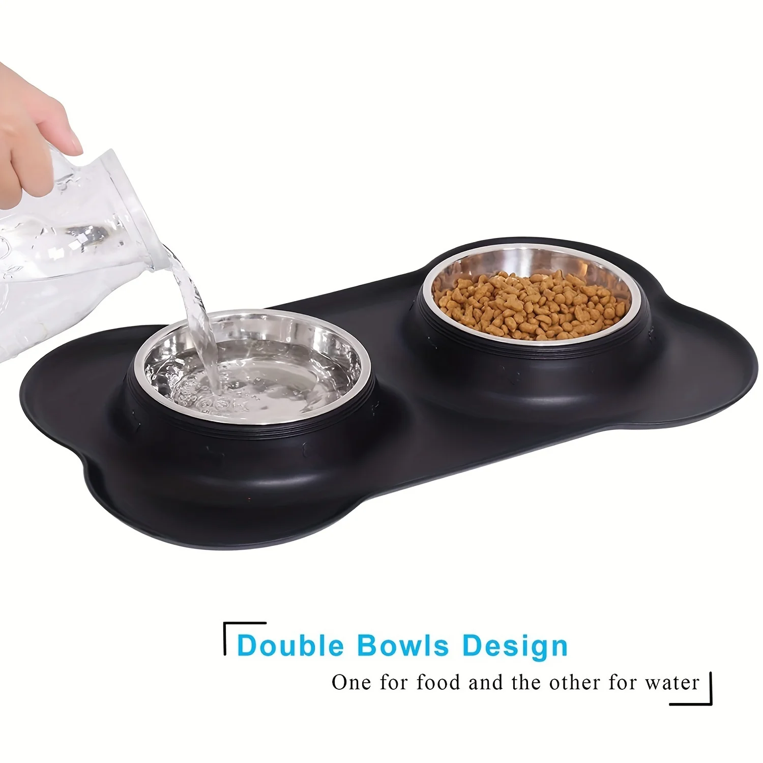 2-in-1 Dog Feeding & Watering Station, Thermoplastic Rubber Pet Bowl Mat with Stainless Steel Dual Bowls, Anti-Spill Pet Feeder, Includes Bowl Holder, Ideal for All Dog Breeds
